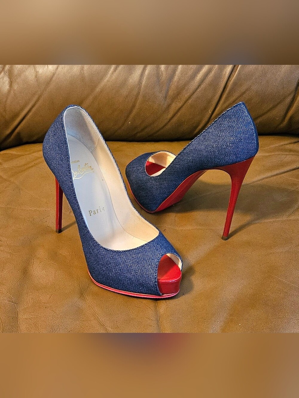 Christian Louboutin Denim Peep-Toe Platform Pump Heels Size 4 US